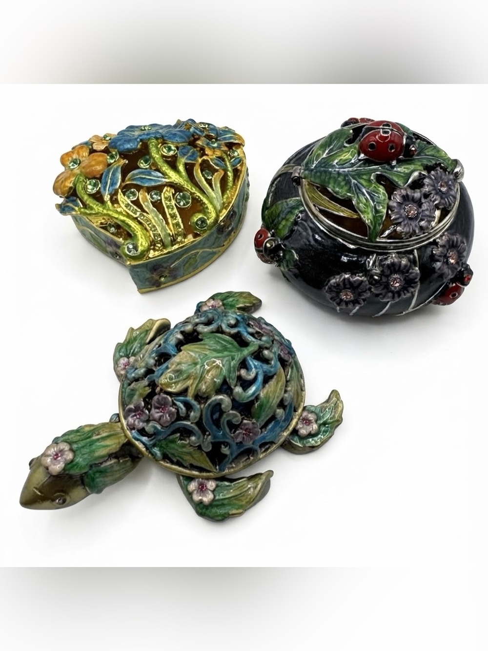 Set of 3 Vintage Style Enameled Trinket Boxes Turtle Ladybug Heart Jeweled